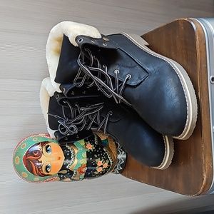 Faux Fur Winter Combat Ankle Boots -  Size 10